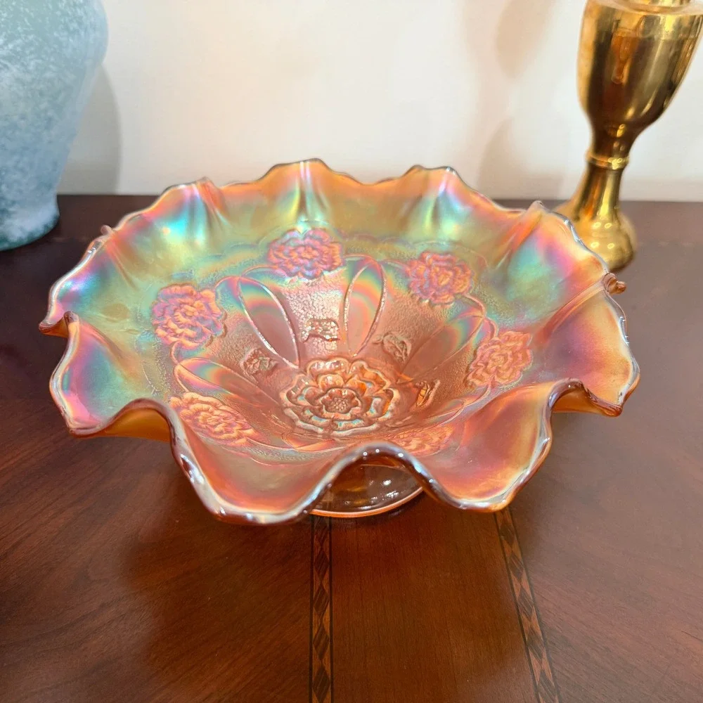 Vintage Dugan Carnival Glass‎ Bowl Marigold Ruffled Pedestal Compote Iridescent